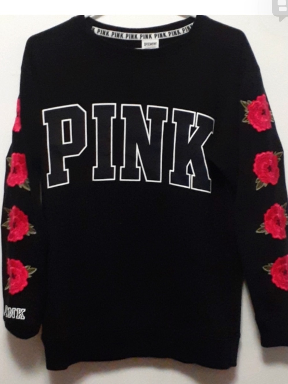PINK Victoria's Secret Black Crewneck Sweater with Red Rose Sleeve Embroidery